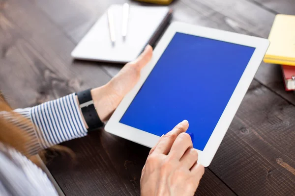 Young Woman Using Digital Tablet Blank Screen Wooden Table Close — Stock Photo, Image