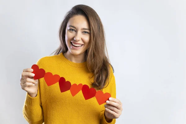 Cheerful Young Woman Holding Hands Little Paper Hearts Isolated Background — Stock Photo, Image