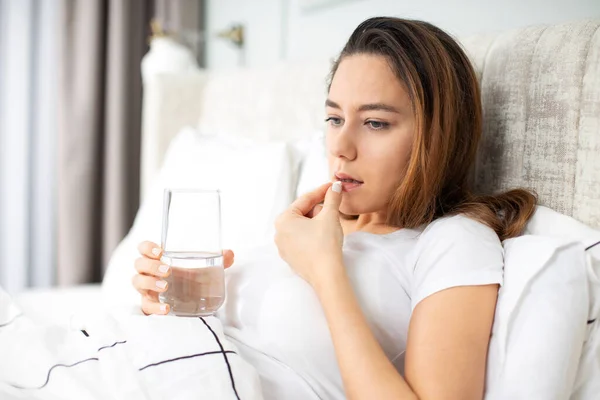 Ill Woman Taking Painkiller Pill Lying Bed Home — Stock Photo, Image