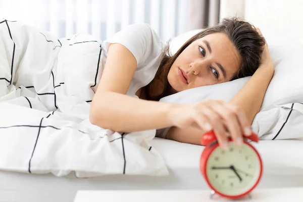 Wake Asleep Young Woman Stopping Red Alarm Clock Bed Morning — Stock Photo, Image