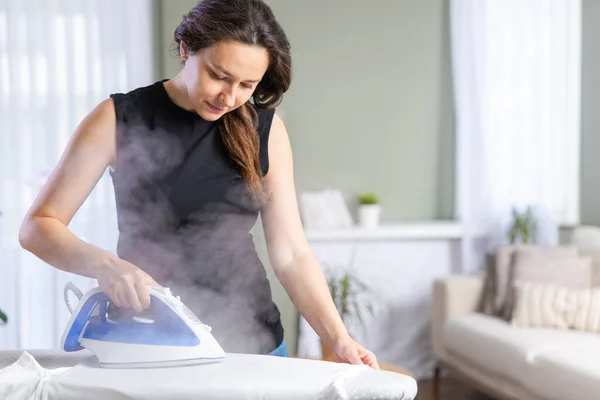 Young Woman Ironing Clothes Living Room — Stock Photo, Image