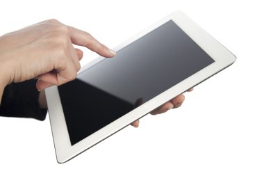 Boş ekran tablet bilgisayar kullanarak iş kadını