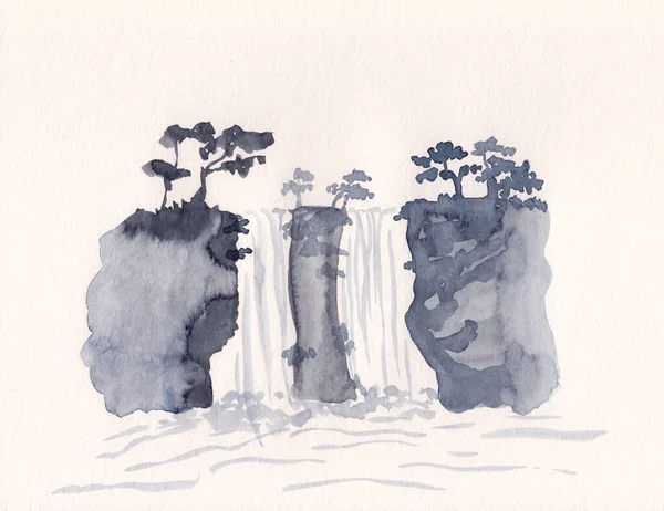 中国のインクスタイルで滝や木の水彩画の風景 手のリラクゼーション 修復のための平和的な山の背景を描いた 抽象的なスケッチアートワーク アジア風墨絵 — ストック写真