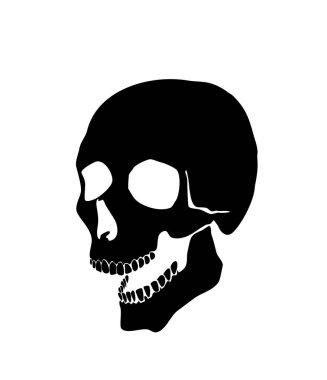 Siyah kafatasının beyaz arka planda izole edilmiş stok vektör çizimi. Araba ya da mobil çıkartmalar, tişört baskısı, boya maskesi ya da cadılar bayramı süsü için kullanın. Açık çeneli el çizimi kafatası.