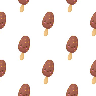 Fındıklı çikolatalı dondurma. Karakteri kusursuz. Beyaz arka planda izole edilmiş mutlu gülümseme tatlı yemek vektörü çizimi. Kart, ambalaj kağıdı, tişört baskısı. Yaz tatlı arkaplanı.