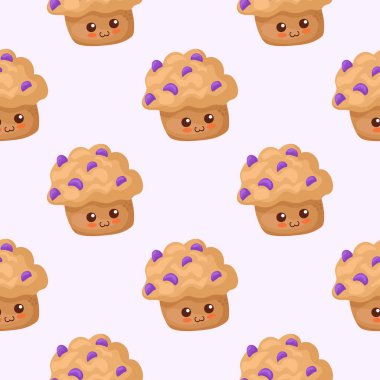 Açık mor arka planda kuru üzümlü keklerin kusursuz deseni. Kawaii tatlı gülümseme tatlısıyla arka planı tekrarlıyor. Güzel ambalaj kağıdı, yemek salonu, menü dekorasyonu. Sevimli yemek karakteri..