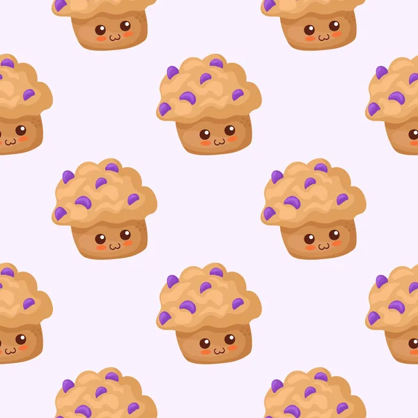Nahtloses Muster Mit Muffins Mit Rosinen Auf Hellviolettem Hintergrund Kawaii — Stockvektor