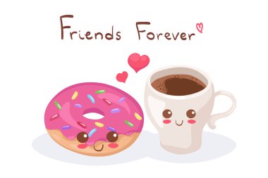 Kahve fincanı ve donut ile şirin bir hisse senedi illüstrasyonu. Kawaii beyaz harflerle izole edilmiş mutlu yemek karakterleri. Tatlı karalamalı komik Espresso. Kumaş baskısı, menü tasarımı, kartpostal kullanımı.