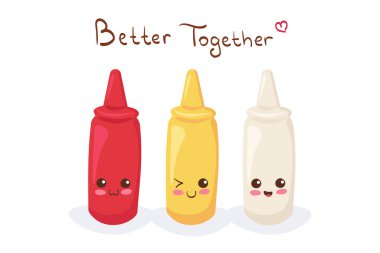 Ketçap, Hardal ve Mayonez ile şirin bir stok vektör çizimi. Kawaii beyaz harflerle izole edilmiş mutlu gülümseyen karakterler. Kumaş baskısı için komik yemek karalaması, çocuk menüsü tasarımı, tebrik kartı