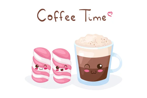 Latte Coffee Pembe Marshmallow Şirin Bir Stok Vektör Çizimi Kawaii — Stok Vektör