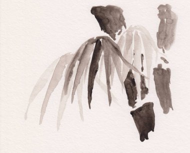 Çin mürekkebi tarzında yapraklı suluboya boyası. Bambu ağaçlı Asya illüstrasyonu. Rahatlama, arabuluculuk, restorasyon, sakin bir arka plan için huzurlu bir oryantal çizim.