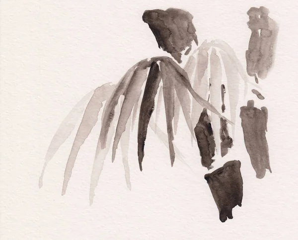 Watercolor painting of branch with leaves in Chinese Ink style. Asian illustration with bamboo trees. Tranquil peaceful oriental illustration for relaxation, mediation, restoration, calm background.