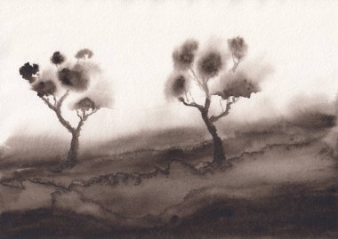 Çin mürekkebiyle boyanmış uzun çimenli ve ağaçlı doğu manzarası suluboya tabloları. Geleneksel Asya kırsal manzarası. Asya mağazası veya kafe dekorasyonu, baskı, kitap illüstrasyonu için kullan.