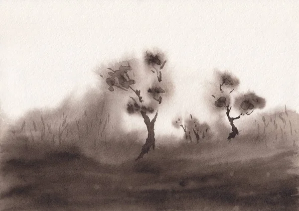 Minimalistisk Fredlig Akvarell Målning Orientaliska Landskap Med Gräs Träd Kinesisk — Stockfoto