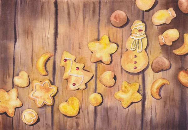 Schets Aquarel Illustratie Met Gebak Houten Tafel Heldere Gebakken Winterkoekjes — Stockfoto