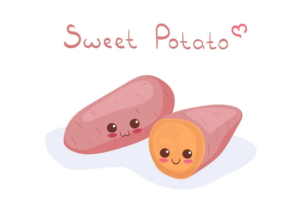 Cute Ilustracji Wektor Czas Sweet Potato Całości Pokrojone Plasterki Kawaii — Wektor stockowy