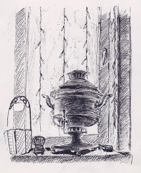 Pen drawing with old Eastern European traditional Samovar used for making tea. Hand drawn ink sketch illustration. Interior decoration, vintage print, restaurant design. Monochrome artwork on paper.