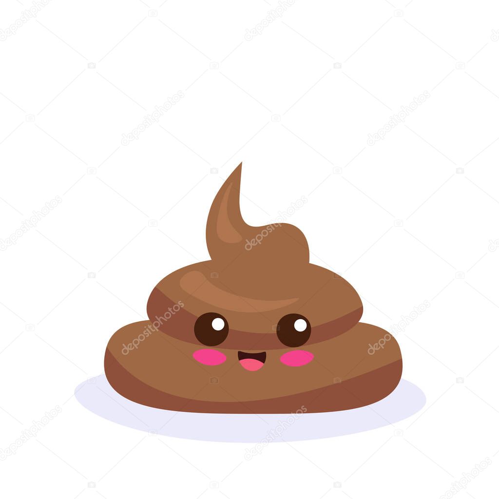 Kawaii vector illustration of brown poop isolated on white background. Cute cartoon poo character fo kids. Adorable comic icon. Funny smiling element for dump. Use for print, books, decorations.