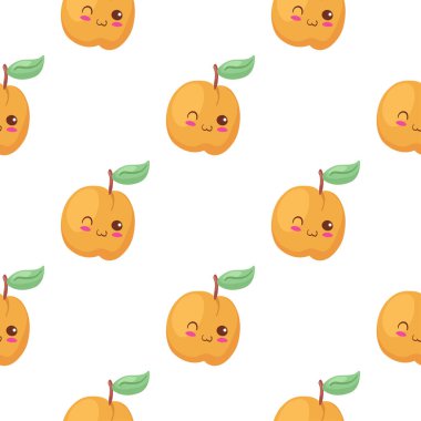 Kawaii Şeftali / Kayısı desenli. Şirin vektör çizimi. Beyaz arka planda izole edilmiş komik gülümseyen ve mutlu yemek karakterleri. Kafe dekorasyonu, çocuk menüsü, kumaş baskısı. Yaz meyveleri.