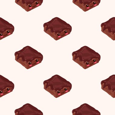 Kawaii Çikolatalı Brownie kusursuz desenli. Şirin vektör çizimi. Beyaz arka planda izole edilmiş komik gülümseyen tatlı karakterleri. Kafe dekorasyonu, yemek menüsü, baskı, pasta ambalajı kağıdı için kullan.