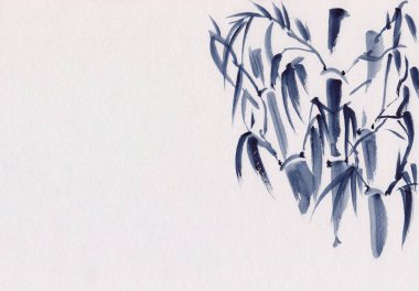 Bambu saplı ve yapraklı suluboya resim. El çizimi mürekkep doğuya özgü sakin bir manzara. Baskı, rahatlama, meditasyon, arkaplan, iç dekorasyon için Asya tarzı illüstrasyon.