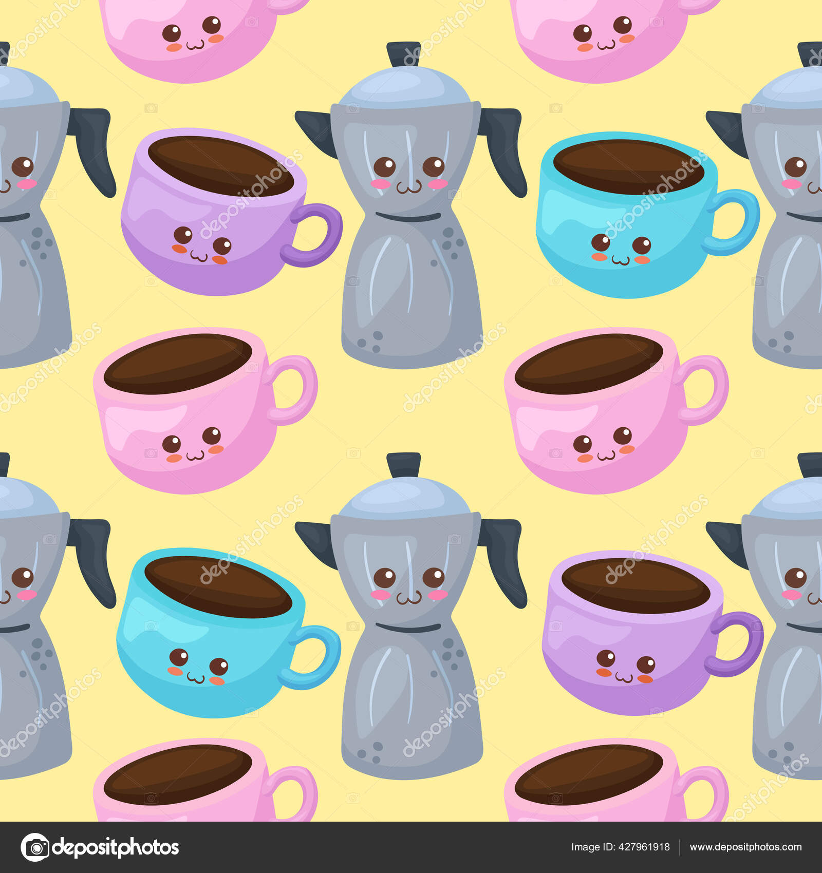 Kawaii Seamless Pattern Italian Coffee Maker Colorful Coffee Cups