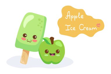 Kawaii Green Apple dondurma ve meyve vektör karakterleri beyaz arka planda izole. Komik gülümseyen tatlı. El yazması harflerle çizilmiş sevimli yemek maskotu çizimi. Kart, kumaş baskısı, menü tasarımı.