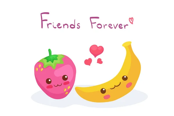 Kawaii Banana Strawberry Διανυσματικούς Χαρακτήρες Που Απομονώνονται Λευκό Φόντο Αστεία — Διανυσματικό Αρχείο