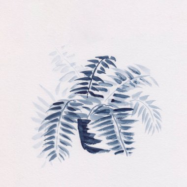 Eğrelti otunun suluboya resmi. Sumi-e Ink tarzında el yapımı doğu sükuneti. Kart, iç dekorasyon, meditasyon ve arka plan için resim konsepti. Soyut Asya tarzı sanat eserleri.