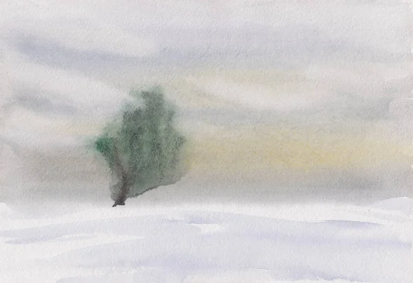 Hand drawn watercolor landscape painting with peaceful snowy field & lonely pine tree at sunrise. Meditative sketch illustration for background, post card, print. Calm thoughtful nature background.