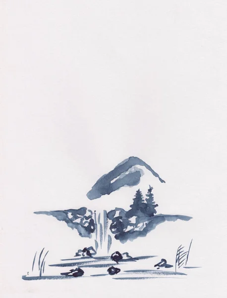 山中瀑布和松树的水彩画 手绘和平风景 用于卡片 垂直背景装饰 带有文字空间的亚洲简约素描作品 — 图库照片