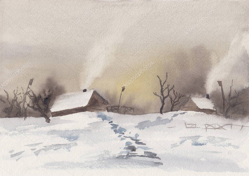 Watercolor painting of peaceful winter landscape. Small village calm scenery. Sunrise at countryside. Meditative nature background for post card, interior decoration, print. European farm houses.