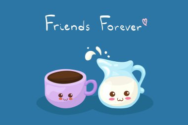 Kawaii vektör illüstrasyonunda bir fincan kahve ve süt sürahisi. Sevimli çizgi film karakterleri. Kahvaltı, çocuk menüsü, tişört baskısı, kart. Sonsuza dek komik yiyecek konsepti. Sevimli komik yemek elementleri.