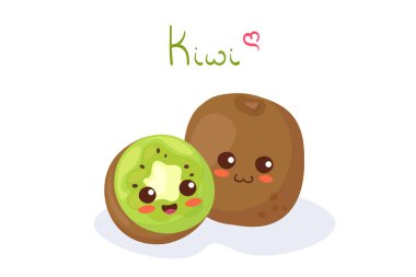Kivi karakterlerinin Kawaii vektör çizimi - tamamen dilimlenmiş. Beyaz arka planda harflerle izole edilmiş sağlıklı egzotik yemek karakterleri. Çocuk menüsü, yazdırma, smoothie, meyve suyu paketini kullan.