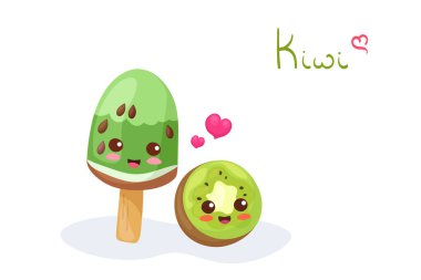 Kiwi Dondurma ve Meyve karakterlerinin Kawaii vektör çizimi. Beyaz arka planda harflerle izole edilmiş sağlıklı egzotik bir tatlı. Sevimli karakterler. Çocuk menüsü, tişört baskısı, kafe için kullan.