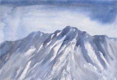 Karlı Alp kayalarının suluboya çizimi. Elle çizilmiş sakin doğa manzarası. Mavi barışçıl dağ çizimi. Meditasyon, yürüyüş geçmişi, kart, pankart. Dağ çizimi.