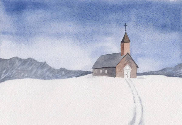 카톨릭 교회와 풍경의 겨울날의 광부들의 포스터 — 스톡 사진