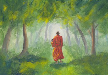Asyalı orman ressamları ve şafak vakti portakal rengi kaftanlı yürüyen Budist keşişler. Ağaçlı doğu tarzı bir manzara. Dekorasyon kavramı, rahatlama, yenileme, meditasyon arka planı.