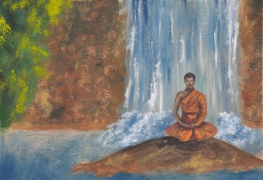 Asyalı şelale ressamları ve turuncu cüppeli Budist keşişler. Dağlarla ve nehirlerle el çizimi doğu tarzı manzara. Dekorasyon, yenileme, meditasyon arka planı.