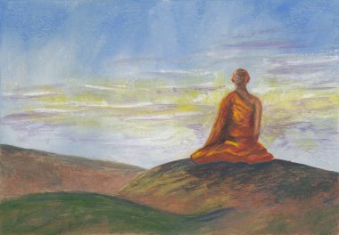 Asya dağlarının akrilik resimleri, mavi gündoğumu gökyüzü ve turuncu cüppeli Budist keşiş. Kaya katmanlarıyla el çizimi doğu tarzı manzara. Yeniden oluşturma, meditasyon arkaplanı.