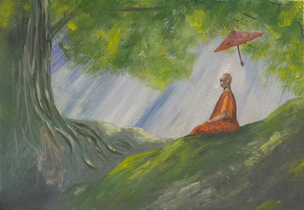 Акриловий Живопис Азійського Лісу Медитація Буддійського Монаха Оранжевому Халаті Ручний — стокове фото