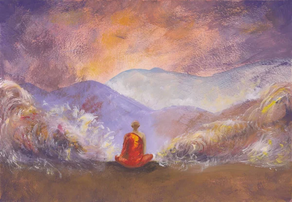 Acrílicos Pintura Meditação Monge Budista Roupão Laranja Camadas Rochas Paisagem — Fotografia de Stock