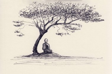 Ağacın altında Budist keşişin oturduğu mürekkep kalemi çizimi. Meditasyon, rahatlama, yenileme, poster, kitap illüstrasyonu için el çizimi arka plan. Orijinal soyut sanat eseri. Sakin ve huzurlu manzara.