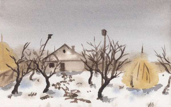 Watercolor painting of winter rural scenery with apple trees, haystack and village house. Stock hand drawn illustration of Eastern European landscape. Concept for background, relaxation, or decoration