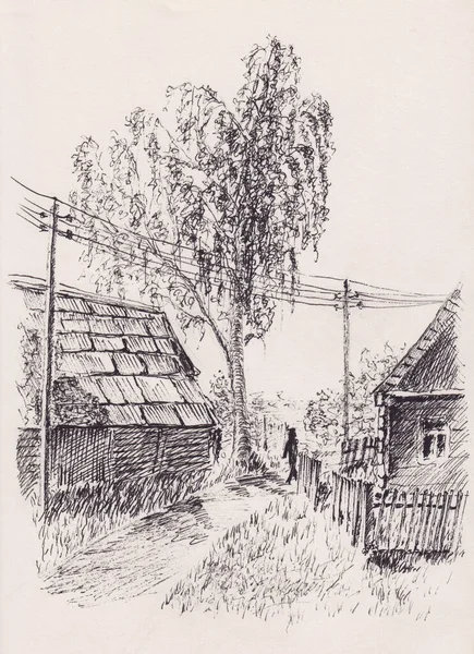 Stock Pen Illustration Eastern European Village Scenery Two Houses Tree — Stockfoto
