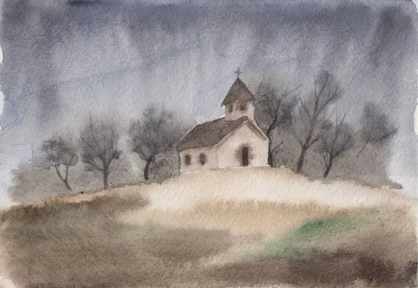 Malarstwo Akwarelowe Małym Kościółkiem Wzgórzu Nastrojowy Późnojesienny Krajobraz Szarym Niebem — Zdjęcie stockowe