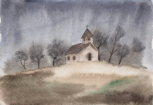 Aquarelle Avec Petite Église Sur Une Colline Moody Brouillard Fin — Photo