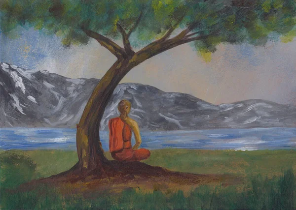Acrylverf Van Aziatische Bergen Mediterende Boeddhistische Monnik Oranje Mantel Onder — Stockfoto