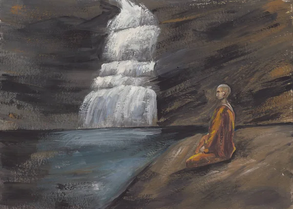 Akrylové Malby Asijských Hor Vodopádu Meditujícího Buddhistického Mnicha Oranžovém Rouchu — Stock fotografie