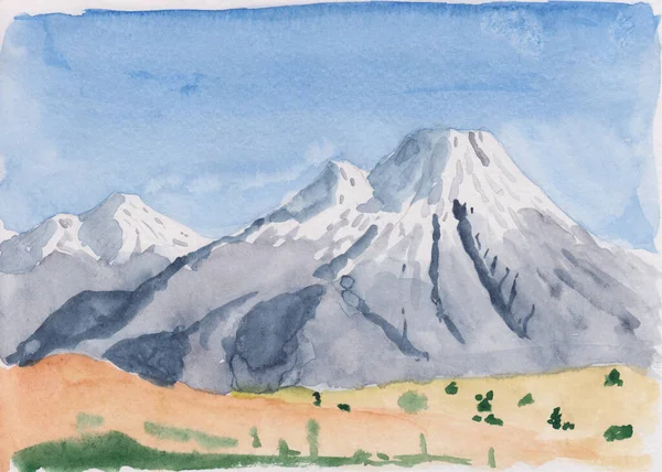Pintura Acuarela Stock Montañas Europeas Con Picos Nevados Con Campo —  Fotos de Stock